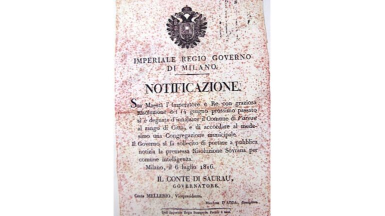 Decreto regio che rende Varese Città 18 giugno 1816, registrato 6 luglio 1816